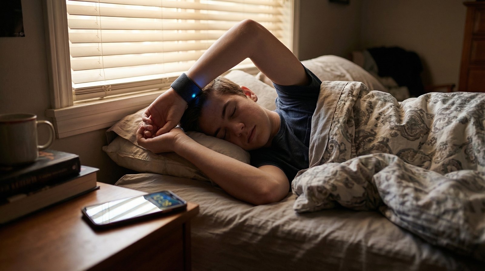 Teen sleeping through a glowing phone alarm while wearing a vibrating wrist alarm in a realistic early-morning bedroom